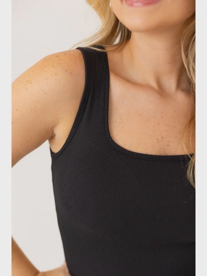 Bella Square Neck Rib Knit Tank Top, Colour: BLACK, Size: XSMALL