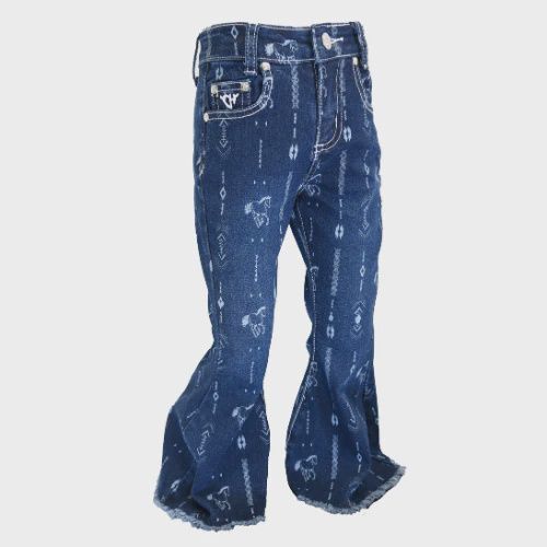 Toddler Girl&#39;s Medium Washed Horse Aztec Bell Bottom Jeans