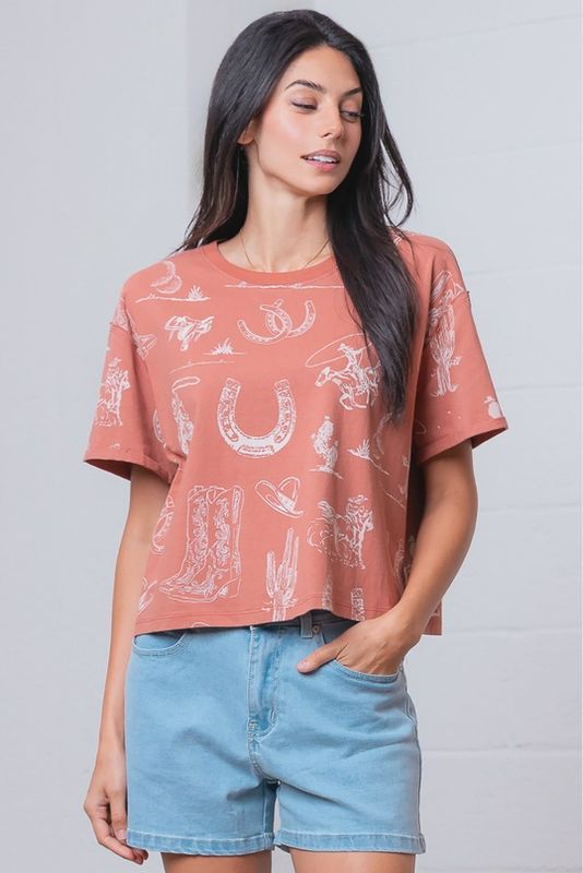 Western Printed Short Sleeve Round Neck T-Shirt