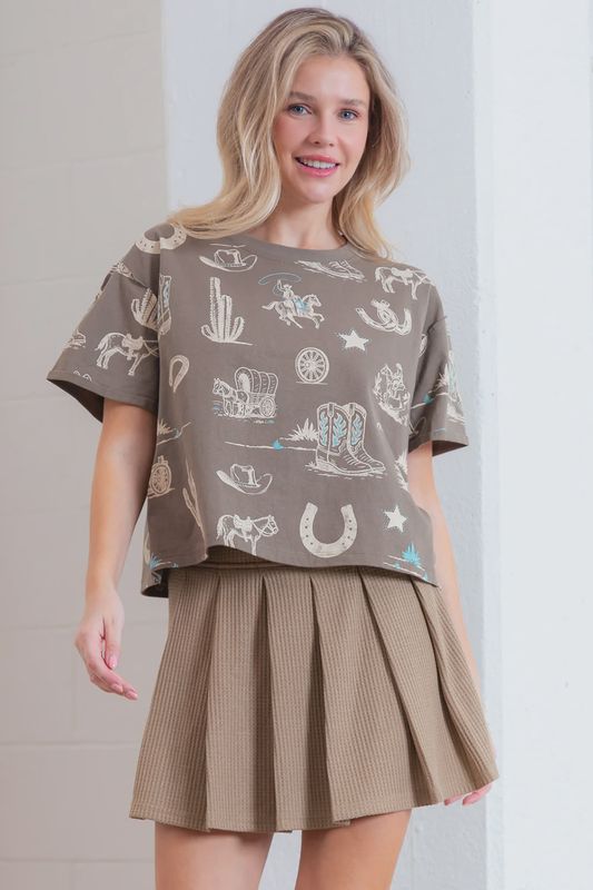 Western Printed Short Sleeve Round Neck T-Shirt