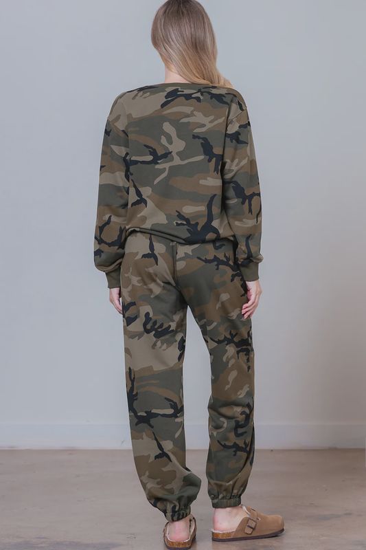 Camo Printed Sweat Set with Embroidery (Top &amp; Pant)