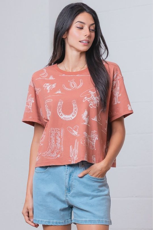 Western Printed Short Sleeve Round Neck T-Shirt, Colour: RUST, Size: SMALL