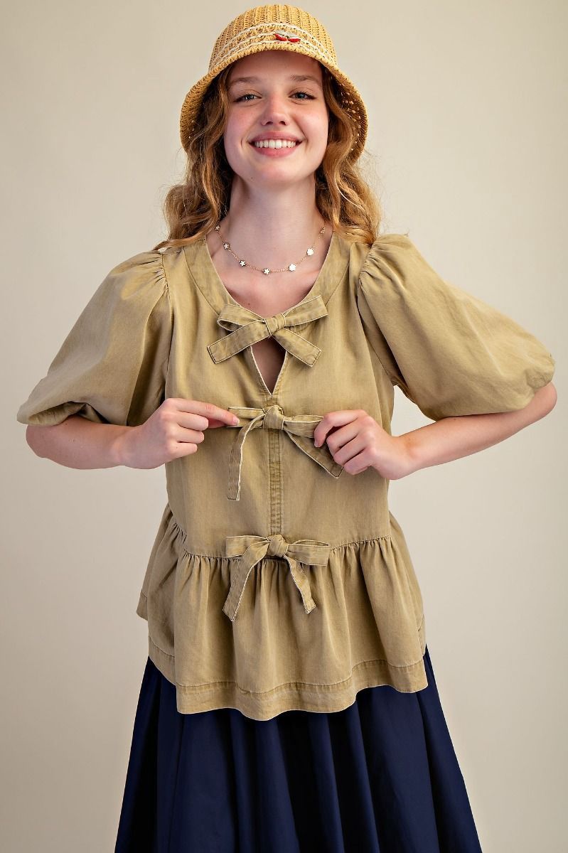 Bubble Sleeve Bow Front Blouse