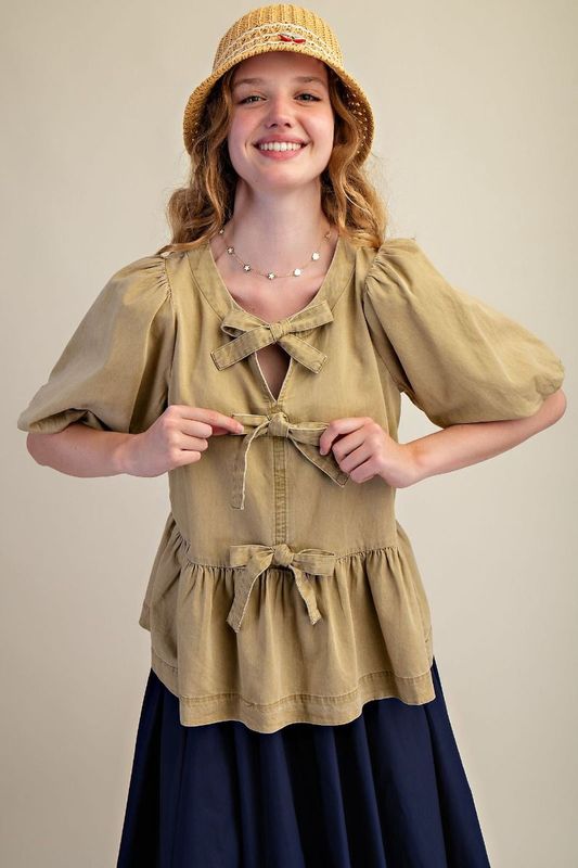 Bubble Sleeve Bow Front Blouse