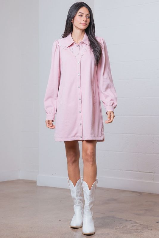 Long Puff Sleeve Fancy Yoke w/ Stud Detail Shirttail