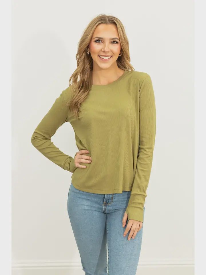 Ribbed Long Sleeve Top, Colour: OLIVE, Size: XSMALL