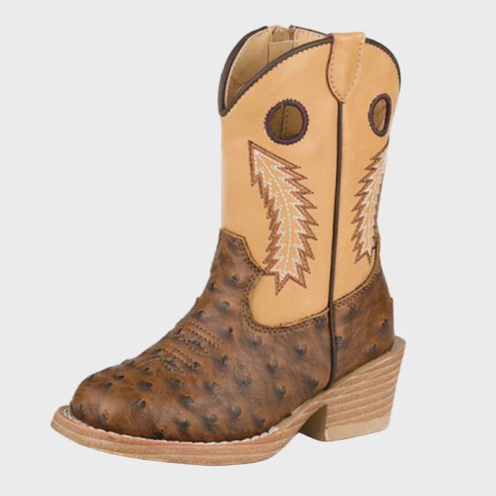 Toddler&#39;s Square Toe Cowboy Heel Brown Faux Ostrich Vamp