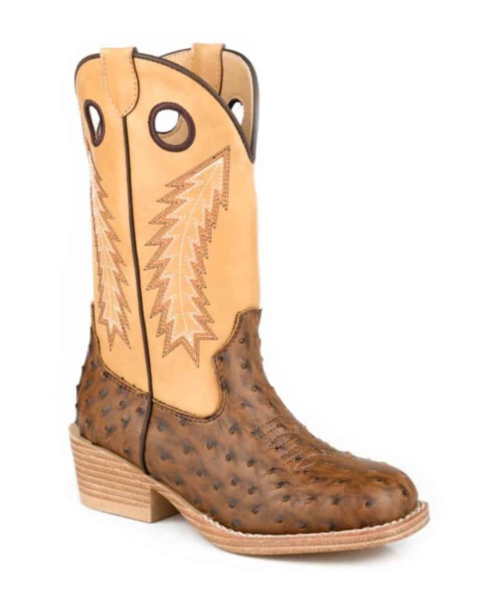 Big Kid&#39;s Square Toe Cowboy Heel Brown Faux Ostrich Vamp