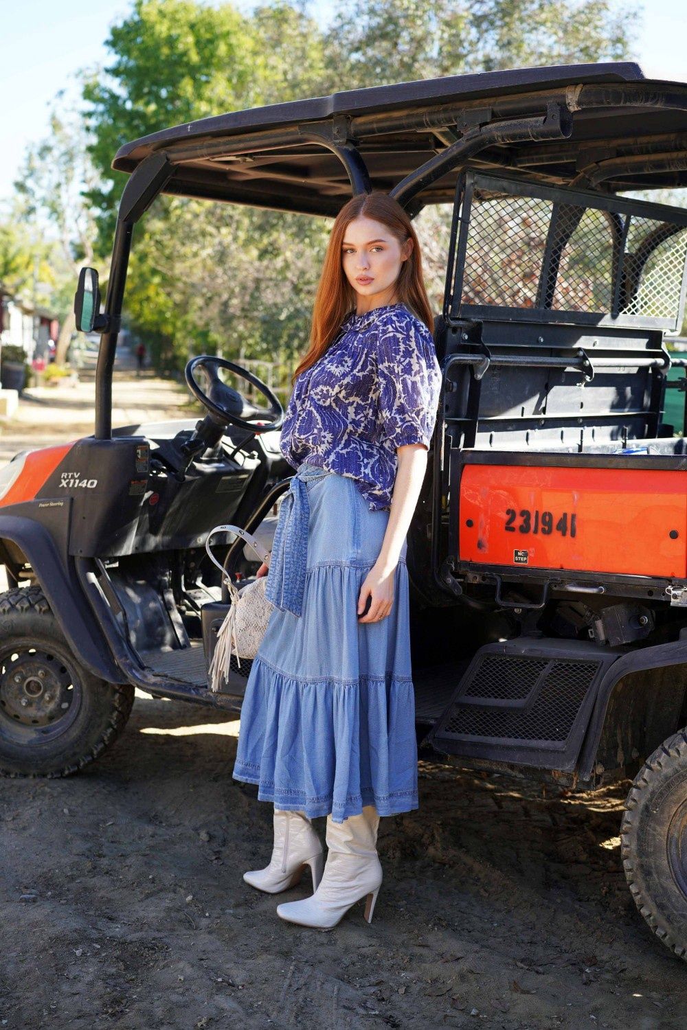 Chambray Tiered Tie Front Midi Skirt