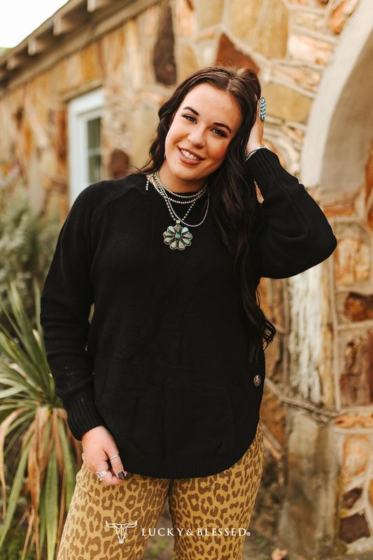 Black Knitted Round Hem Sweater Buffalo Button Detail