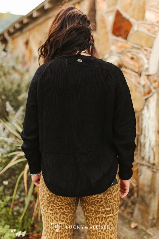Black Knitted Round Hem Sweater Buffalo Button Detail