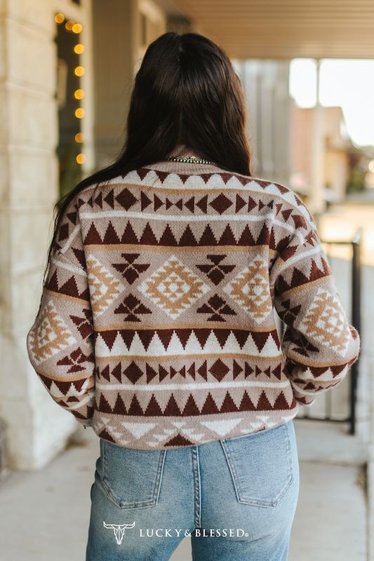 Brown Aztec Printed Knit Turtle Neck Sweater