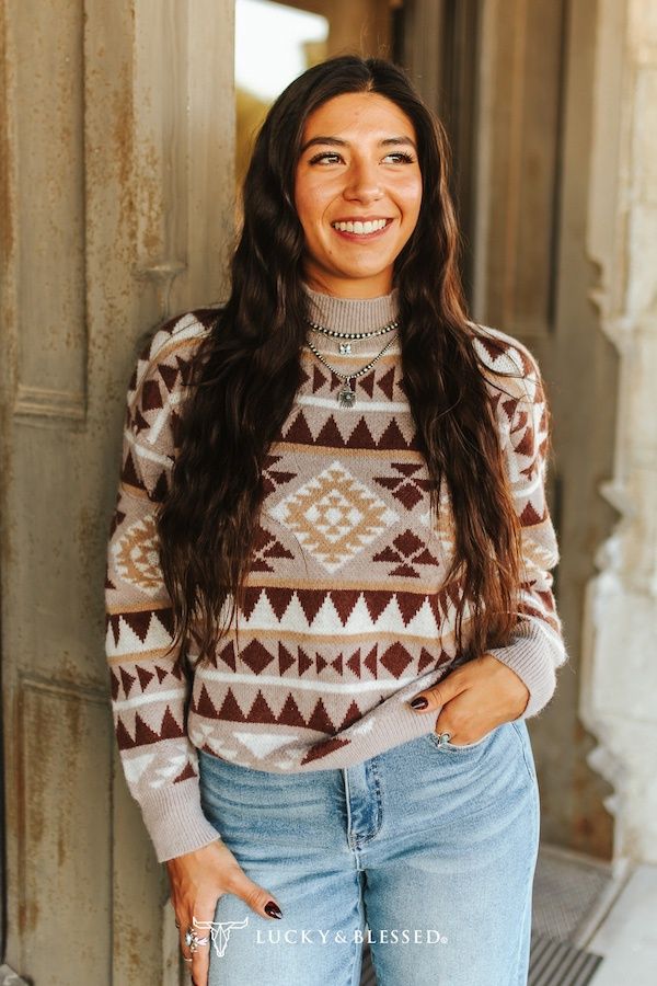 Brown Aztec Printed Knit Turtle Neck Sweater