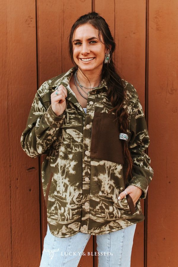 Brown Beige Western Desert Printed Button Down Fleece Shacket