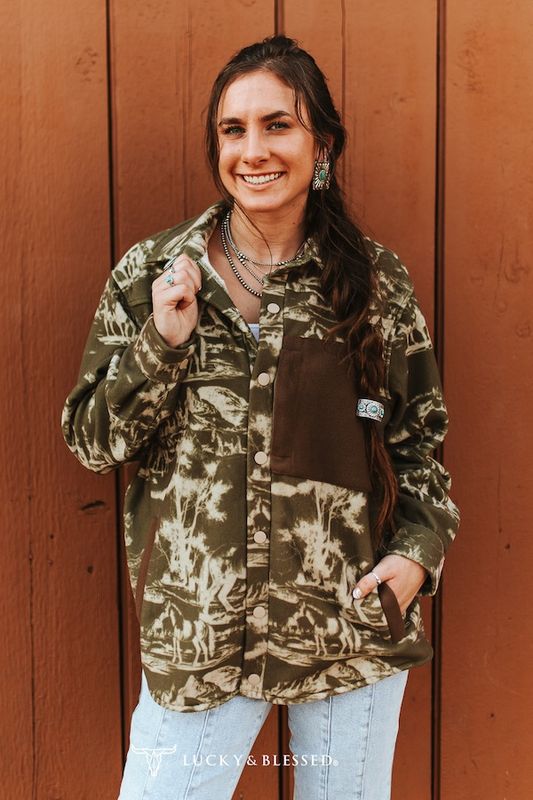 Brown Beige Western Desert Printed Button Down Fleece Shacket