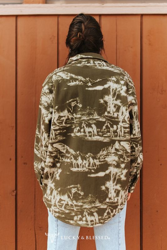 Brown Beige Western Desert Printed Button Down Fleece Shacket