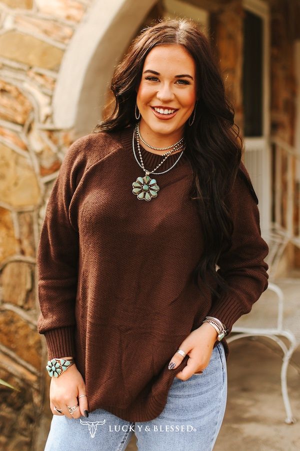 Brown Knitted Round Hem Sweater Buffalo Button Detail