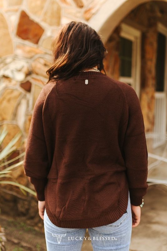 Brown Knitted Round Hem Sweater Buffalo Button Detail