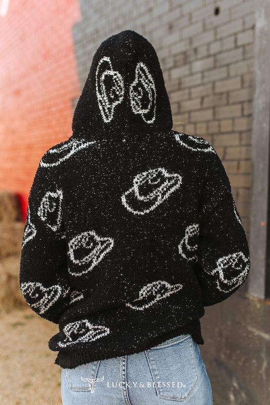 Black White Hat Design Cozy Fabric Hoodie