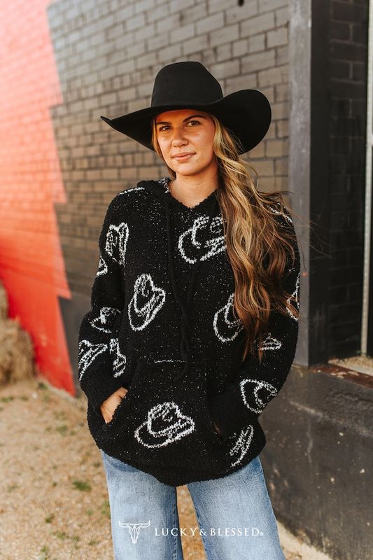 Black White Hat Design Cozy Fabric Hoodie