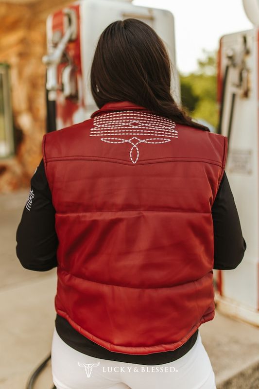 Burgundy Quilted Leather Bootstitch Crop Vest