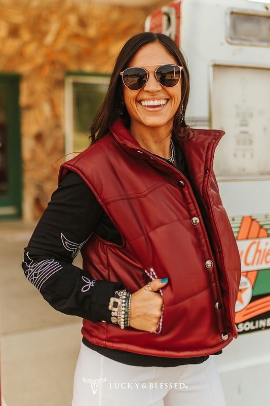 Burgundy Quilted Leather Bootstitch Crop Vest