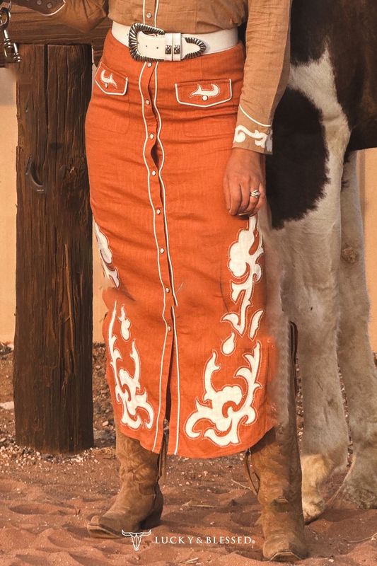 Camel Boot Stitch Embroidered Snap-Front Western Maxi Skirt