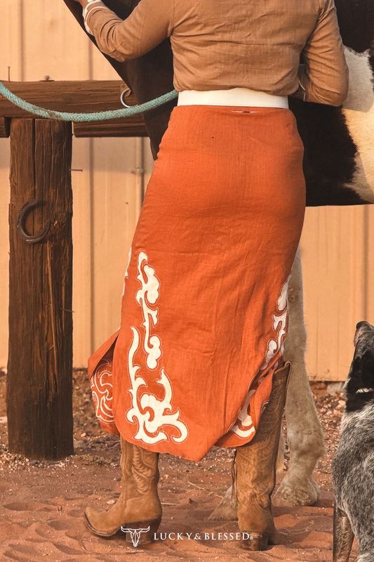 Camel Boot Stitch Embroidered Snap-Front Western Maxi Skirt
