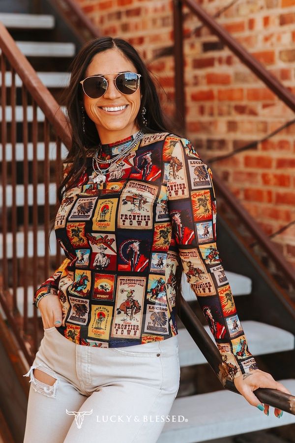 Collage Printed Long Sleeve Mesh Tops