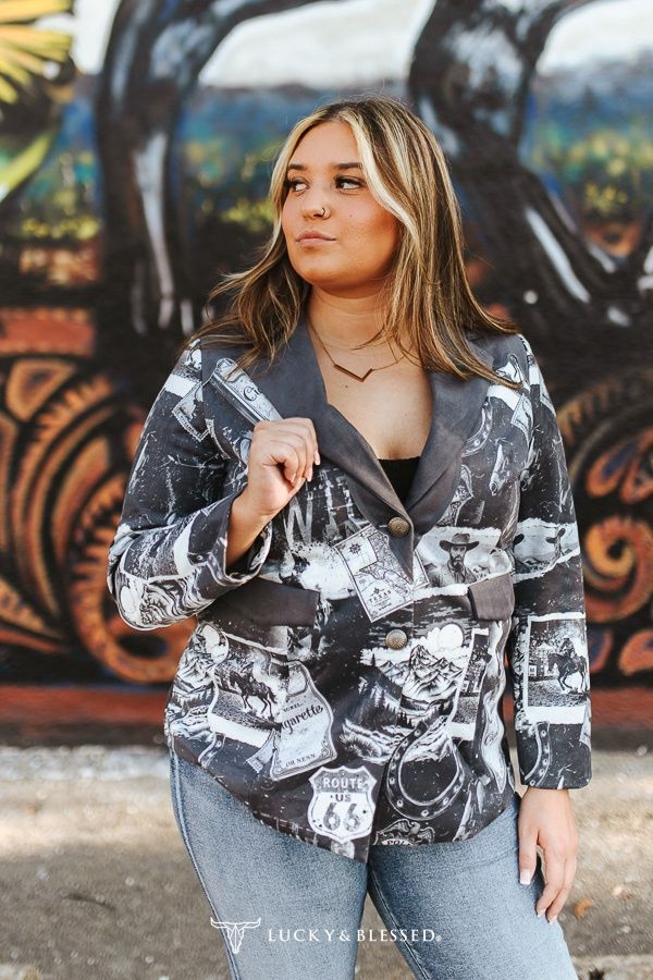 Grey Vintage Cowboy Printed Lined Suede Western Blazer