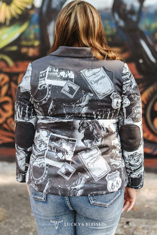 Grey Vintage Cowboy Printed Lined Suede Western Blazer
