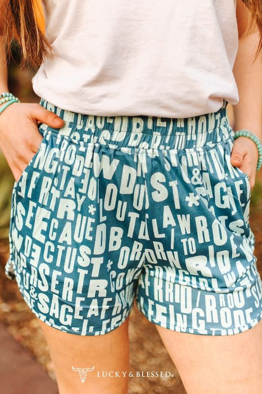 Jade Western Slogan Printed Stretch Elastic High Rise Shorts