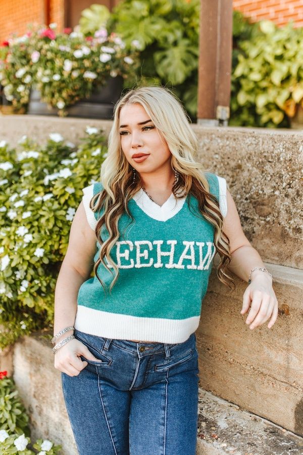 Jade Ivory Yeehaw Knit Sleeveless Sweater