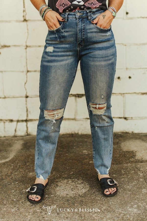 Mid Stone Wash High Rise Tapered Boyfriend Distressed Jeans (28in Inseam)