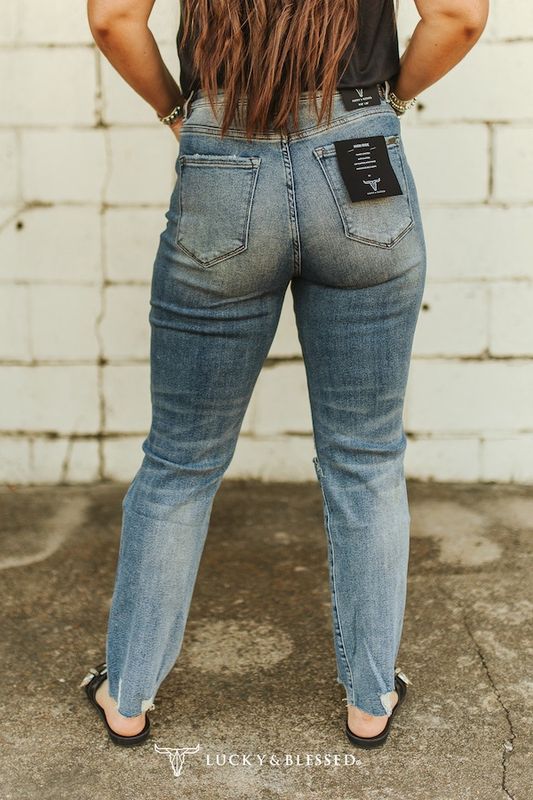 Mid Stone Wash High Rise Tapered Boyfriend Distressed Jeans (28in Inseam)