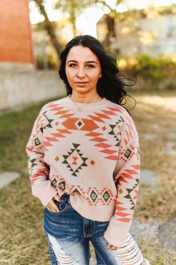 Soft Pink Aztec Knitted Pullover Sweater