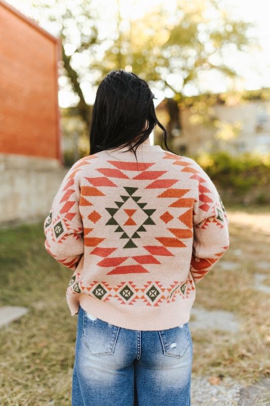 Soft Pink Aztec Knitted Pullover Sweater