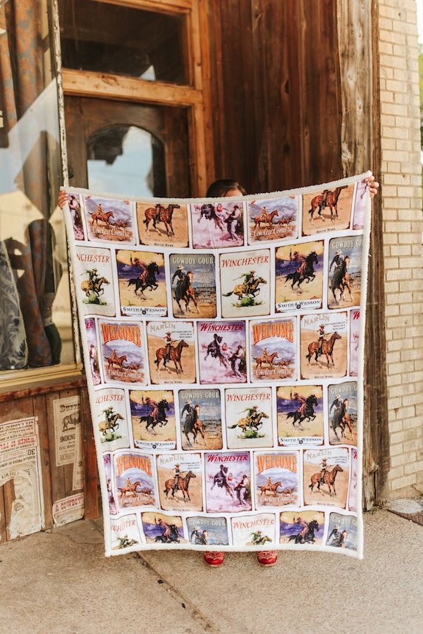 Western Post Stamp Collage Printed Ivory Sherpa Blanket