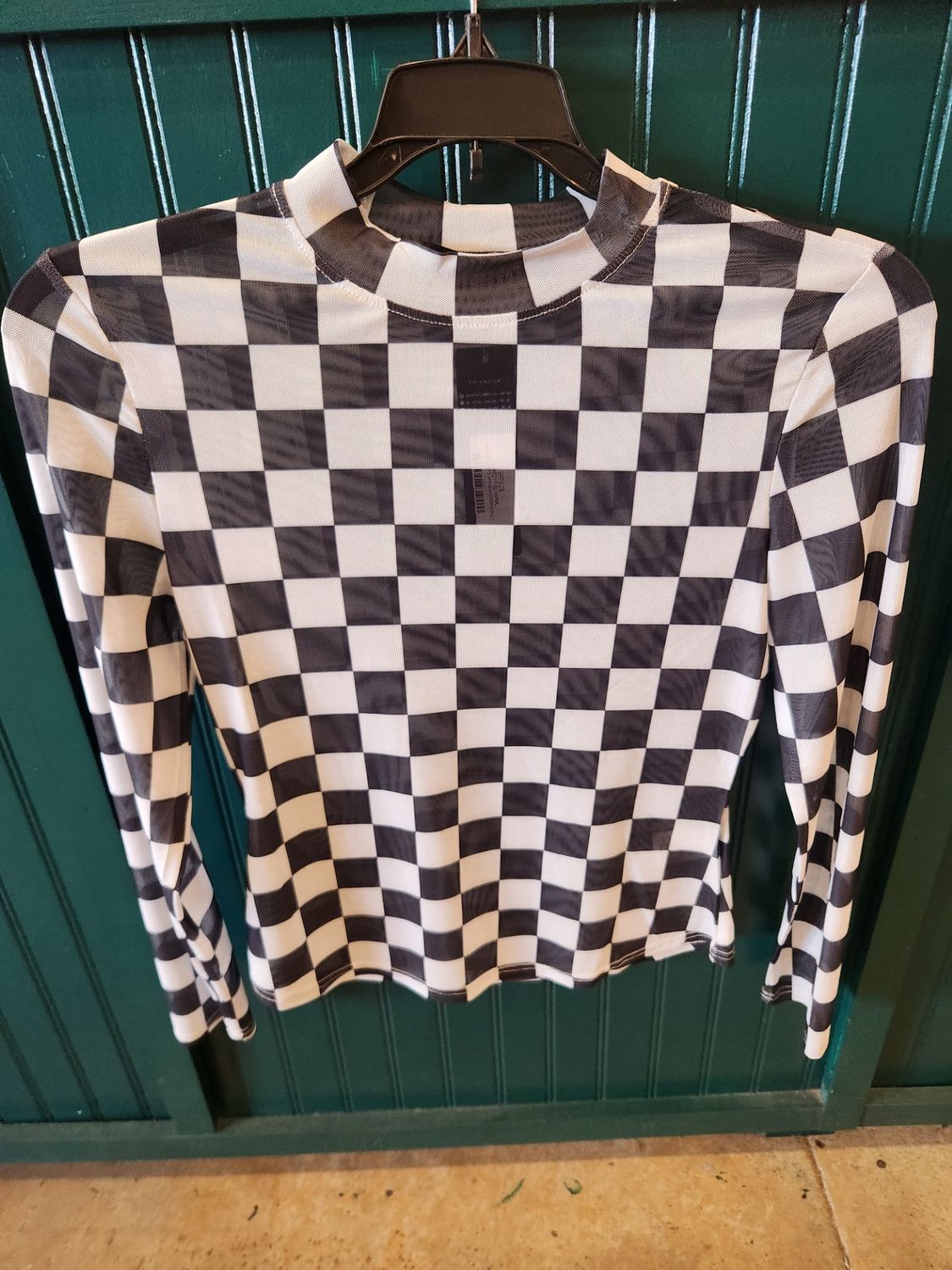 Checkered Printed Long Sleeve Mesh Top