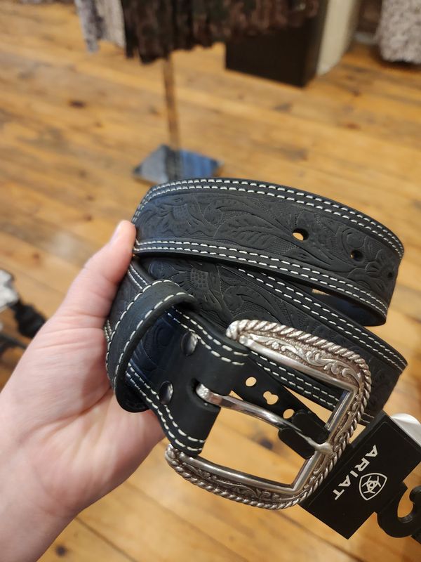 Mens Tooled Double Stitch Leather Belt Black