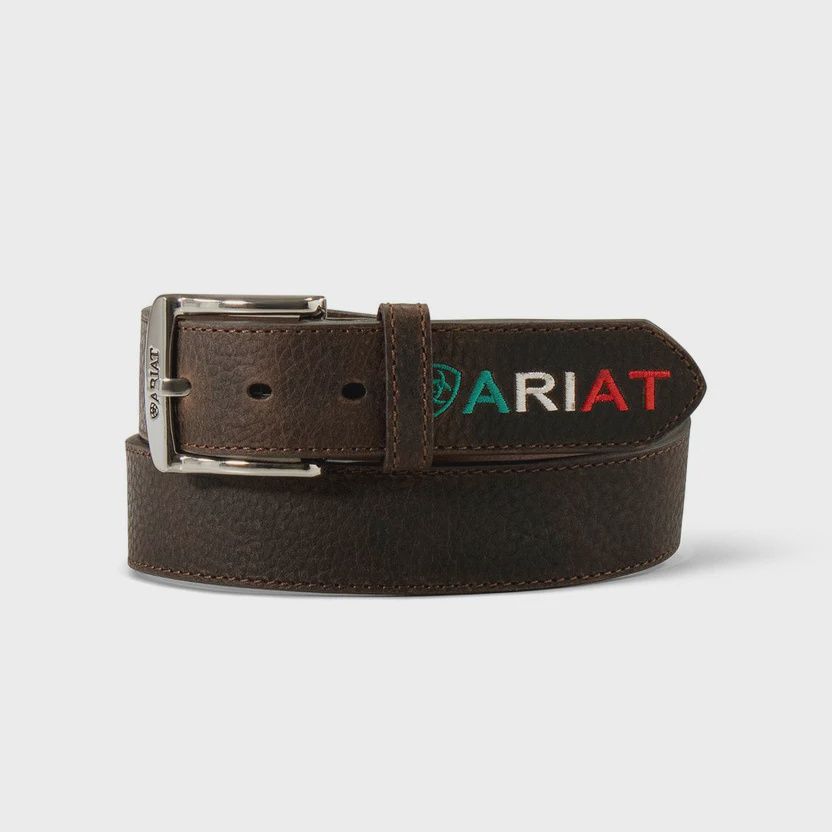 Ariat Men's Rowdy Brown Embossed Logo Mexico Flag Leather Belt