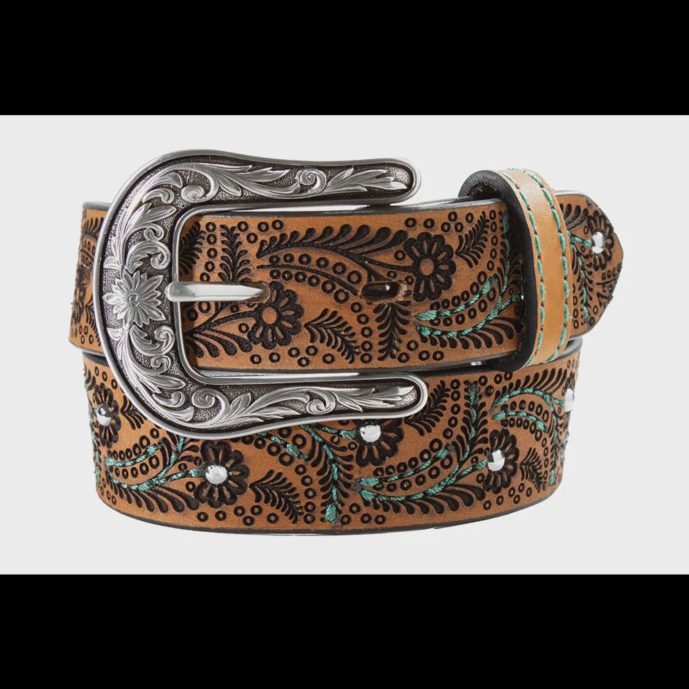 Nocona Girls Turquoise Stitch Paisley Brown Western Belt