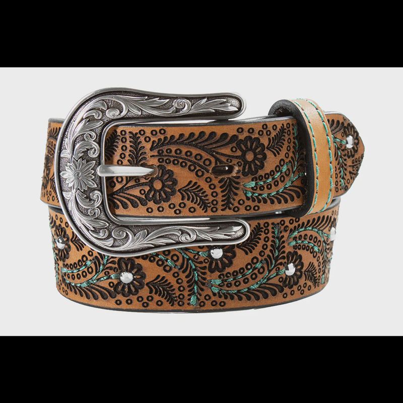 Nocona Girls Turquoise Stitch Paisley Brown Western Belt