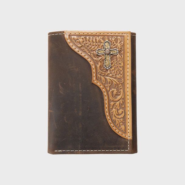 Nocona Western Wallet Tri-Fold Leather Embossed Cross Concho