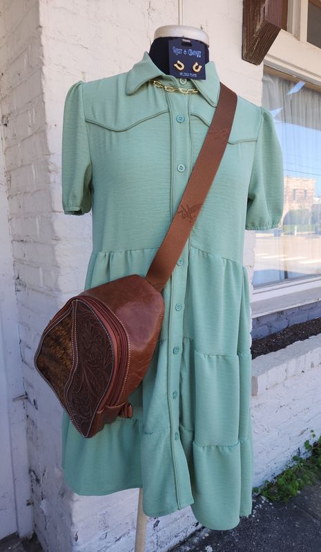 Pistachio Puff Sleeve Western Ruffle Tier Contrast Piping Yoke Dress