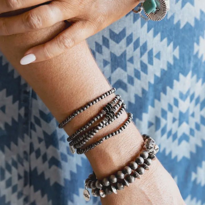 5 Strand Dainty Navajo Pearl Stretch Bracelet With Burnished Silver Disc Accents