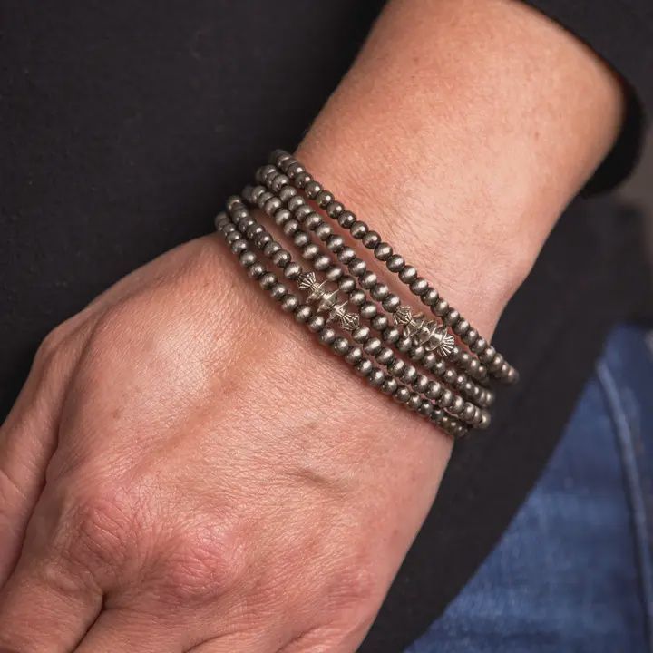 5 Strand Dainty Navajo Pearl Stretch Bracelet With Burnished Silver Disc Accents