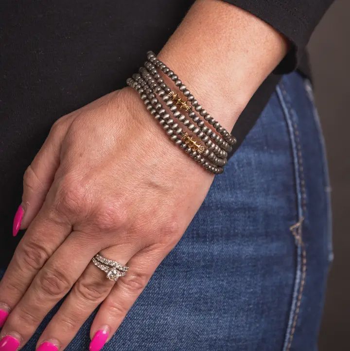 5 Strand Dainty Faux Navajo Pearl Stretch Bracelet W/ Burnished Gold Disc Accents