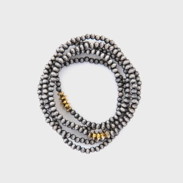 5 Strand Dainty Faux Navajo Pearl Stretch Bracelet W/ Burnished Gold Disc Accents