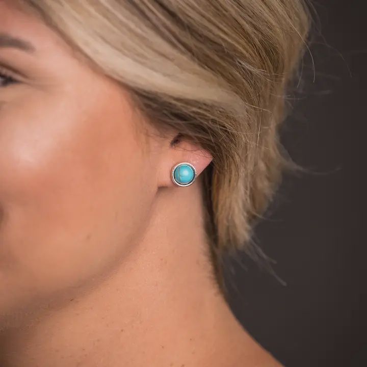 Burnished Silver With Inlayed Turq Stud Earrings